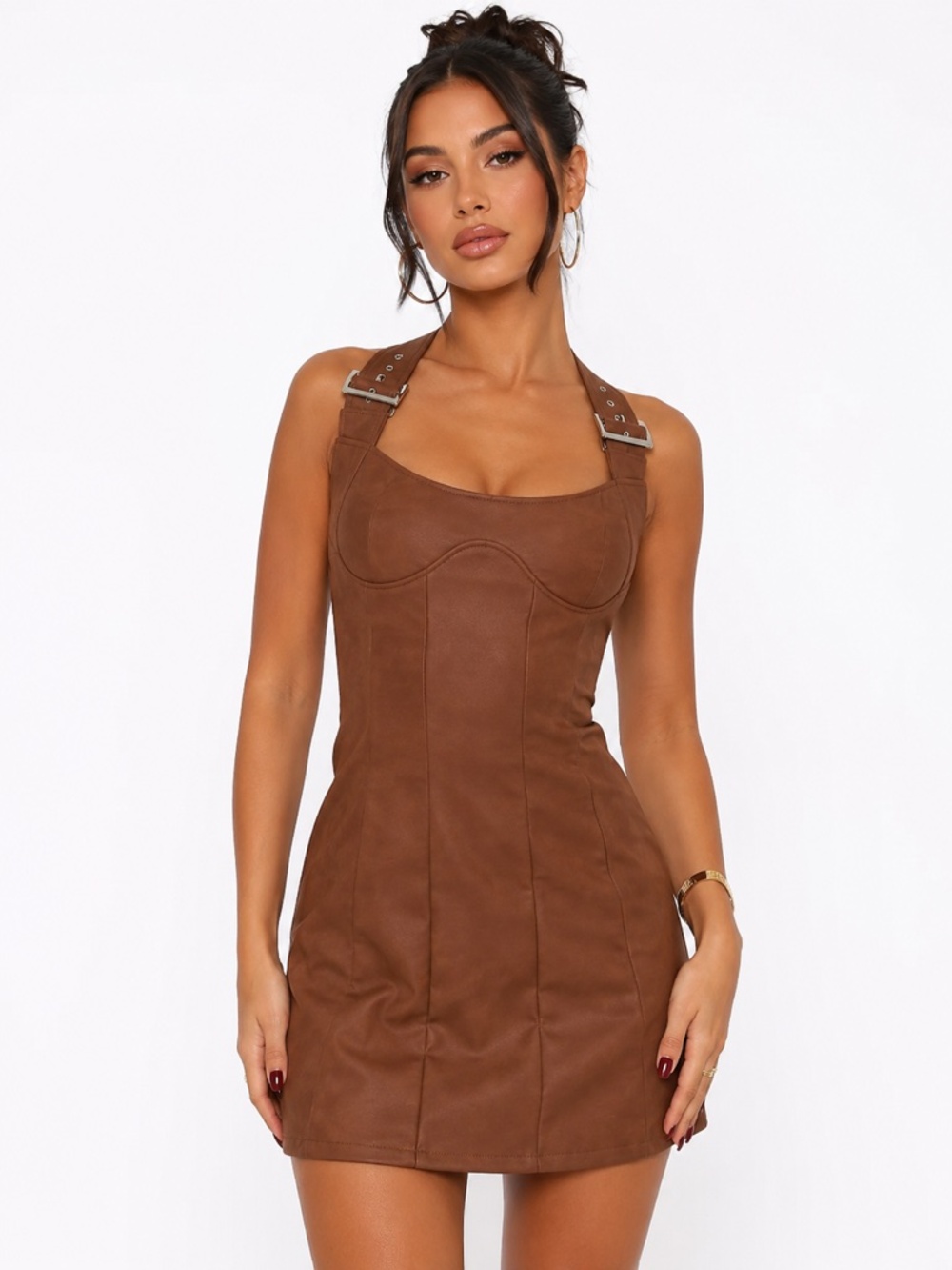 PrettyLittleThing Brown Faux Leather Corset Mini Dress Size 2 Buckle Strap Y2K